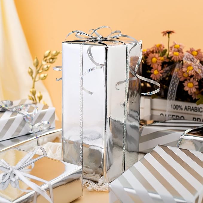 Merture Reversible Silver Wrapping Paper Roll - 17 In X 32.8 Ft(46.5 sq.ft.) Metallic Silver and Stripe Design Gift Wrap for Christmas, Wedding, Birthday, Valentines Day, Mothers Day, Baby Shower