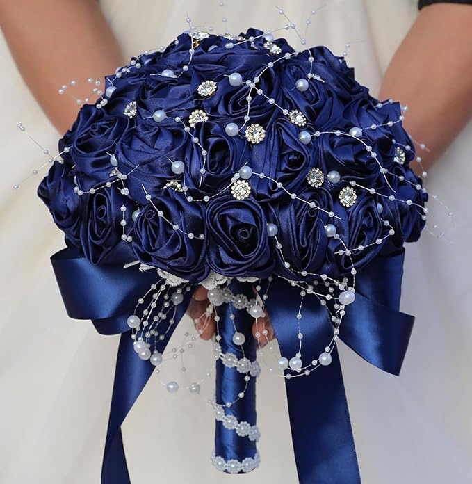 Bridal Wedding Bouquet Round Bling Brooch Bouquet Throw Toss Artificial Rose Flower Bunch for Bride Bridesmaid Wedding Quinceanera(Navy Blue, 8.7")