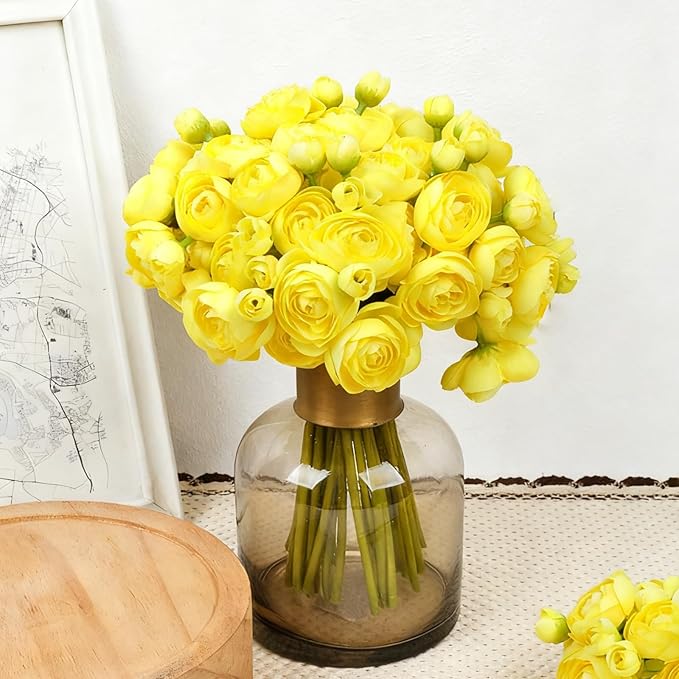 ASTRYAS 18Pcs Ranunculus Artificial Flowers, Yellow Faux Silk Mini Peony Flowers Fake Peonies Wedding Flowers DIY Bouquet for Centerpieces Arrangements Bridal Shower Decorations