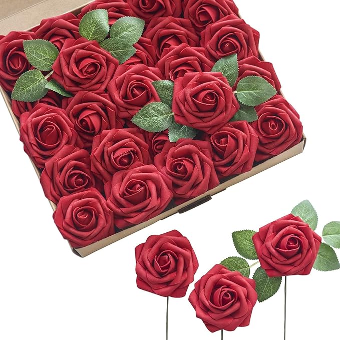 Ling's moment Christmas Artificial Flowers 25Pcs Dark Red Roses Decor w/Stems,3" Real Touch DIY Foam Floral for Wedding Bouquet/Centerpieces, Outdoors Party Backdrop, Room/Table Decorations