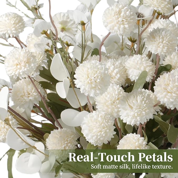 Real-Touch Faux Silk Mums Bouquet, Bendable Long Stems, Full & Realistic Artificial Flower Arrangement for Vase, Table, Wedding & Wreath Décor, Beige(No Vase) (White Kiku+Wax+Eucalyptus)