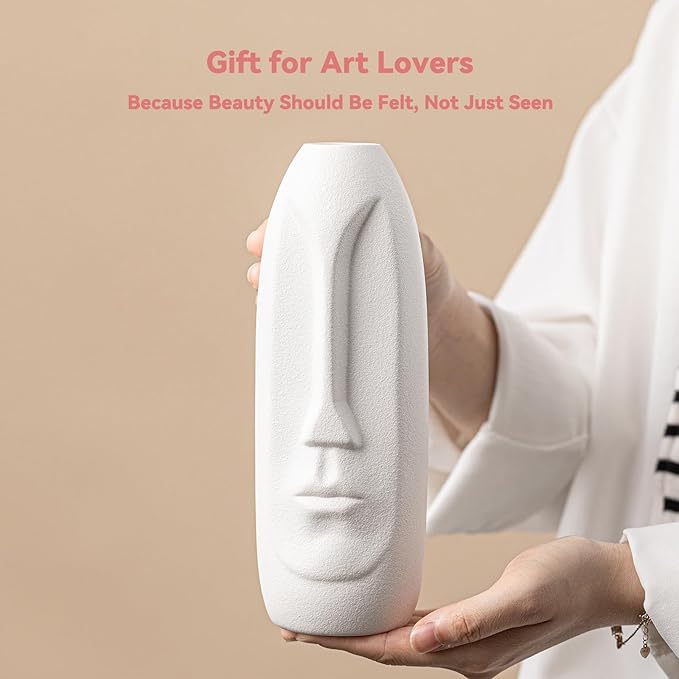 White Ceramic Face Vase - 8.4" Unique Flower Vase with Matte Finish, Decorative Boho/Farmhouse Vase for Pampas Grass & Centerpieces, Living Room/Office Desk Decor & Gift for Her/Yourself