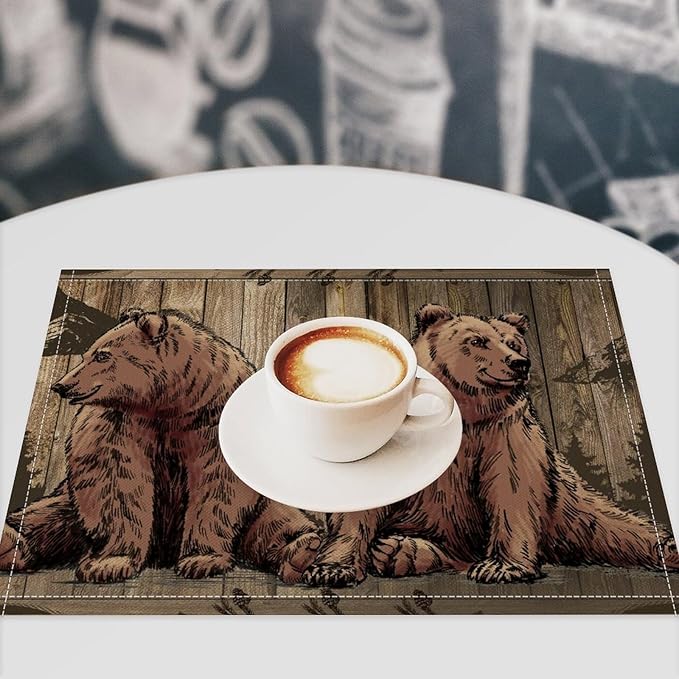 Rustic Lodge Bears Placemats Set of 6, Vintage Cabin Pine Tree Wooden Board Place Mats, Heat Resistant Non Slip Cotton Linen Dining Table Mats for Home Party Kitchen 18x12 Inch