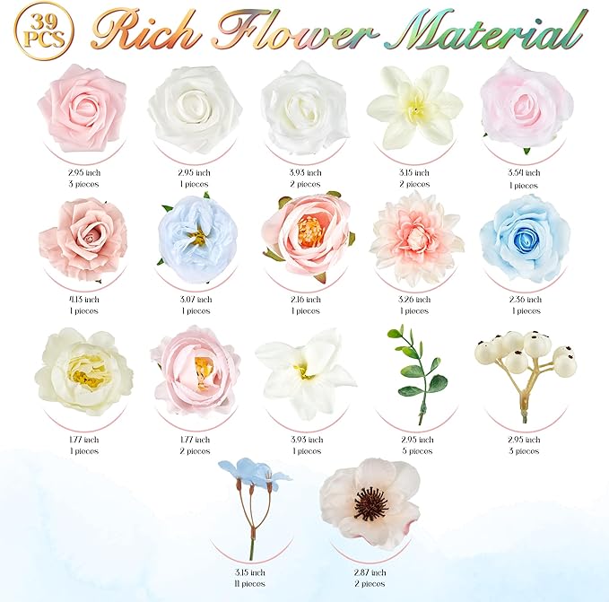 Artificial Flowers, Fake Flowers for DIY English Pastel Flower Box Wedding Bouquet Table Centerpieces Baby Shower Gender Reveal Party Home Décor