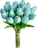 Mandy's Artificial Tulips 20 Stems Robin Egg Blue PU Faux Flowers for Thanksgiving and Christmas Decorations Wedding Home Decor 13.5 Inch