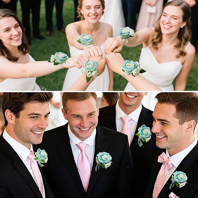 Wrist Corsage and Boutonniere Set, Artificial Rose Corsage Wristlet and Boutonniere for Wedding Prom Party (Blue, 4pcs)