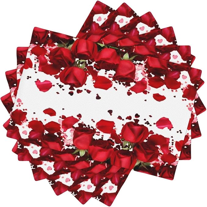 Rose Linen Table Placemats Set of 6 Romantic Red Flowers Place Mats for Home Party Kitchen Indoor Holiday Rustic Washable Heat Resistant Table Mats 12 x 18 Inch