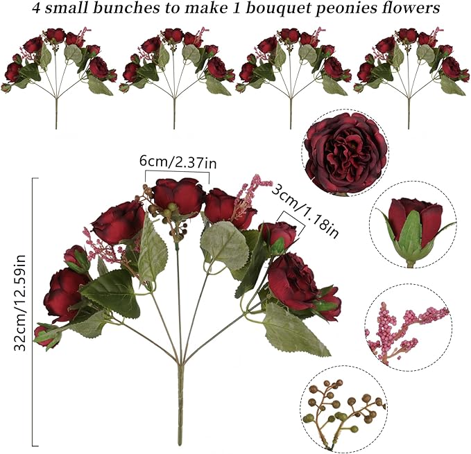 Artificial Peonies Silk Flowers, Burgundy Faux Peony Bouquet 4 Bundles Florals Arrangements for Farmhouse Home Boho Wedding Table Centerpiece, Fake Plastic Flowers Bulk for Vase Decoration (Burgundy)