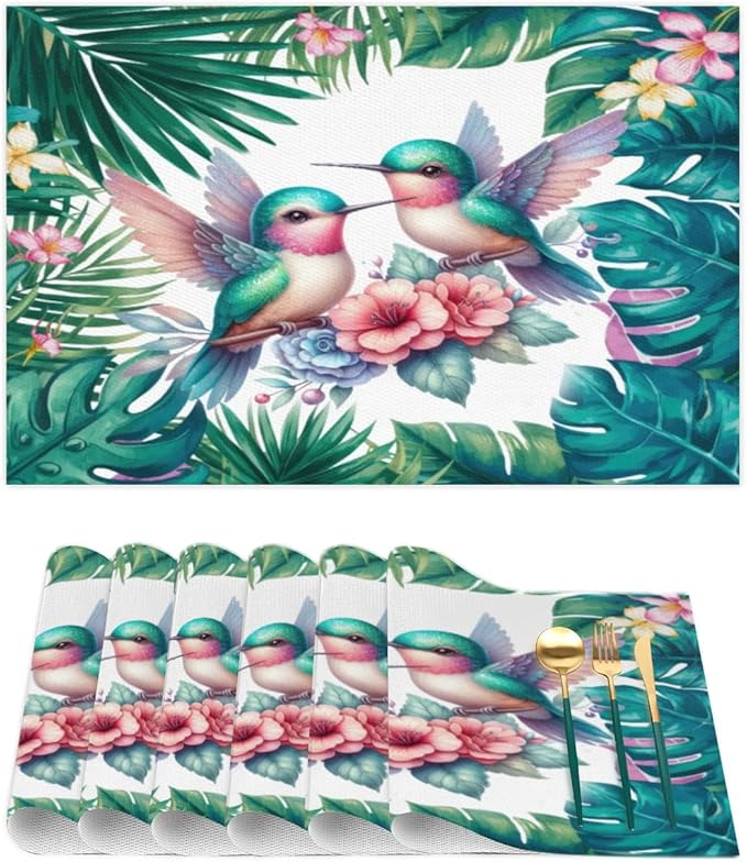 PVC Placemats Set of 1 Summer Palm Leaf Bird Wipeable Table Mats Washable Heat Resistant Non Slip Vinyl Dining Table Mat for Kithen Indoor Outdoor Patio Farmhouse Place Mats Decorative