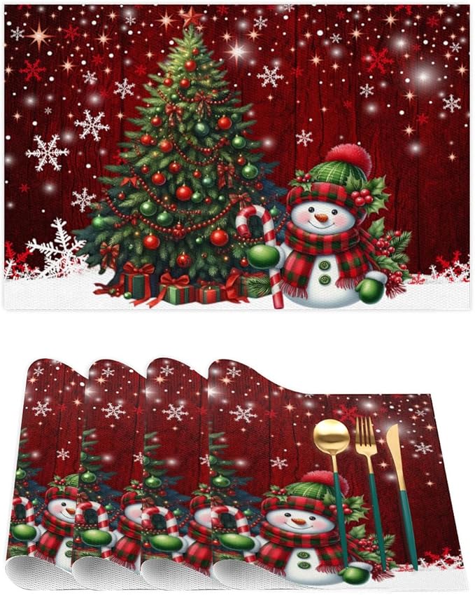 Xmas Christmas Tree Snowman Red Placemats Set of 1 PVC Vinyl Non Slip Table Mats Heat Resistant Place Mats Washable Wipeable Dining Table Mat for Kitchen Decor Party Indoor Outdoor Decorative Gift
