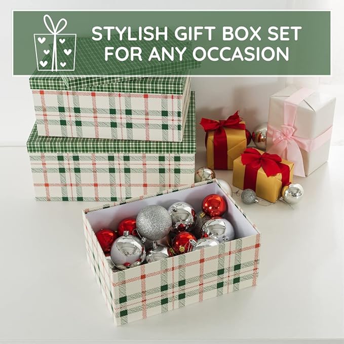 Soul & Lane Plaid Christmas Gift Box - Set of 3: Holiday Decor Storage Box, Decorative Photo Storage, Keepsake Boxes with Lids, Nesting Cardboard Containers for Presents, Seasonal Décor Bins