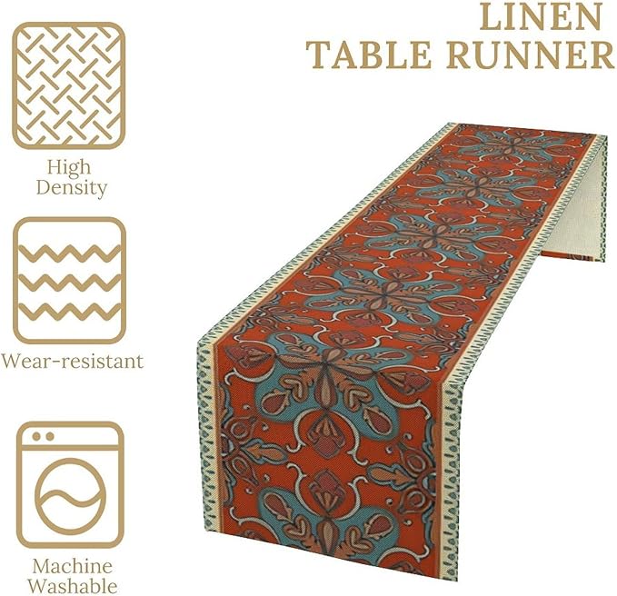 Boho Floral Table Runner, Burnt Orange Blue Traditional Ethnic Flower Vintage Farmhouse Table Runner for Kitchen Dining Wedding Party Decor, 13x60 Inch