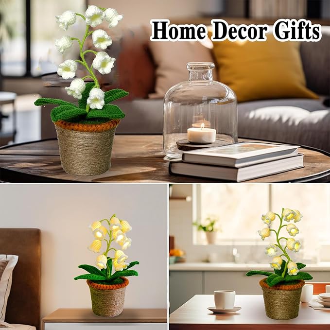 Lily of The Valley Lamp, Crochet Artificial Flower with 10 Little Night Lights, Cute Gifts for Women Wife Girlfriend Birthday Christmas Valentine Mother's Day -Large