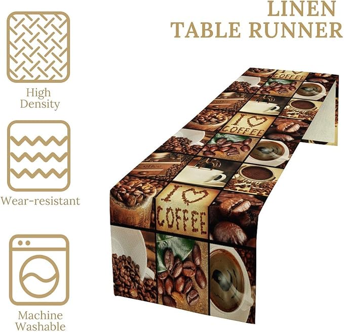 Vintage Coffee Theme Table Runner Happy Coffee Time Beans Dinner Runner Table Decoration for Farmhouse Cabin Home Kitchen Dining Holiday Party 13x108in