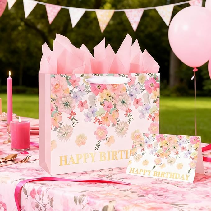 ASYEHJNR 13" Large Size Happy Birthday Gift Bag Floral Flower Pattern with Metallic Gold Happy Birthday Sign Vintage Gift Bag with Greeting Card and Tissue Paper for Girls Women