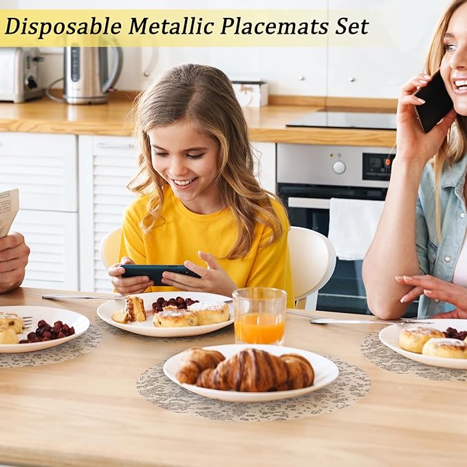 Hysenm 100 Pcs Disposable Silver Placemats Set Metallic 13 Inch Round Foil Mesh Pressed Table Doilies, Ultra-Thin Disposable Placement Mats for Home Decoration Dining Table Wedding Birthday Party