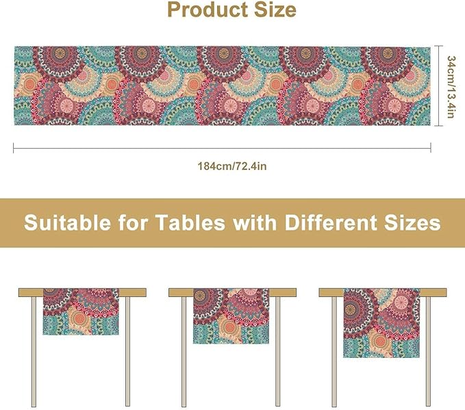 Bohemian Table Runner, Colorful Traditional Blue Pink Mandala Flower Table Runner for Kitchen Dining Cafe Party Decor, 13x120 Inch