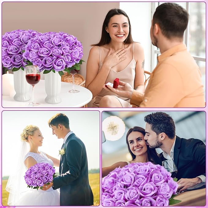 80 Pcs Roses Artificial Flowers, Silk Purple Artificial Flowers Petals Long Stem Roses for Wedding Bouquet Home Party Decor