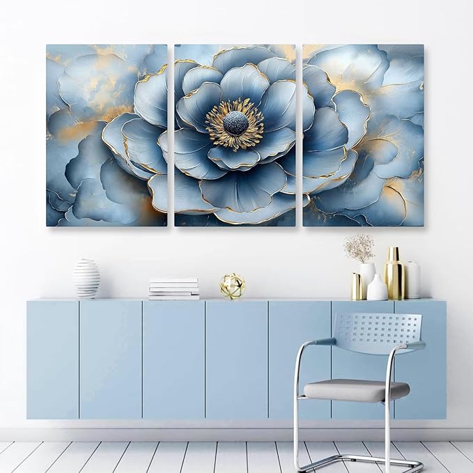 Kewhush Blue Wild Rose Canvas Wall Art, Floral Canvas Prints, Flower Blooming Set of 3 Pictures, Rose Wall Decor, Gold Accent Decor, Modern Artwork for Living Room, Bedroom (24" x 36" x 3 pcs)