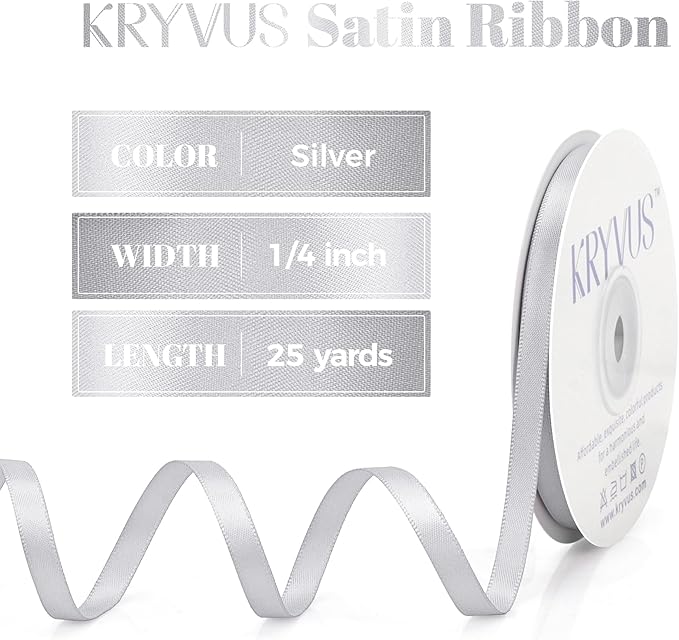 Silver Satin Ribbon, Double Faced 1/4 Inch X 25 Yards Silver Ribbon, Premium Satin Ribbon for Gift Wrapping, Crafts, Hair Bow Making, Sewing, Flower Bouquet, Wedding Party Decor