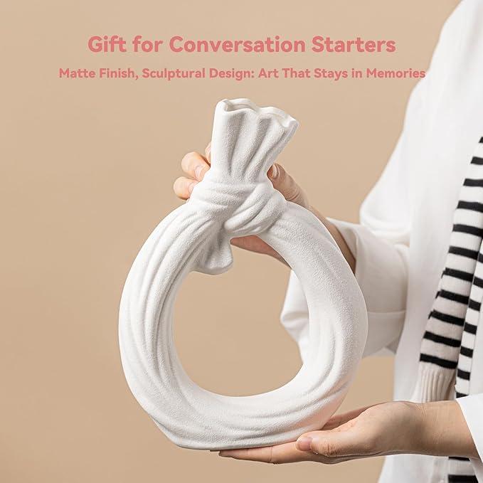 White Ceramic Vase with Knot & Loop Design - 10" Unique Flower Vase for Pampas Grass & Centerpieces, Decorative Boho/Farmhouse Vase for Living Room, Office Desk & Housewarming Gift (for Her/Yourself)