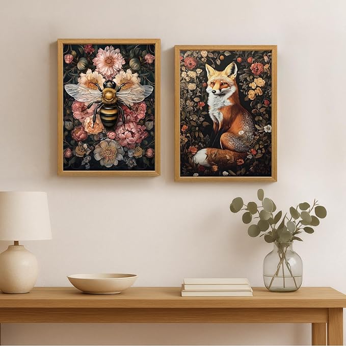 LLEEMPI William Morris Wall Art, Vintage Bee Floral Wall Decor, Insect Flower Canvas Painting, Abstract Nature Botanical Poster Print for Living Room Bedroom Kid Room Hallway Wood Framed 16x24 inch