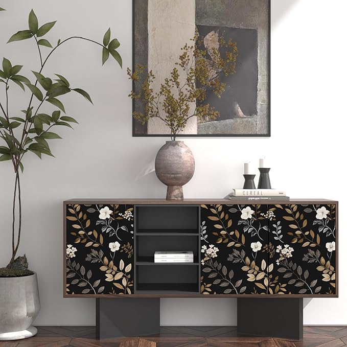 Black Floral Wallpaper Peel and Stick Vintage Leaf Contact Paper Waterproof Self Adhesive Removable Modern Boho Wall Paper for Bedroom Cabinets Kitchen Locker Drawer 17.5"X118"