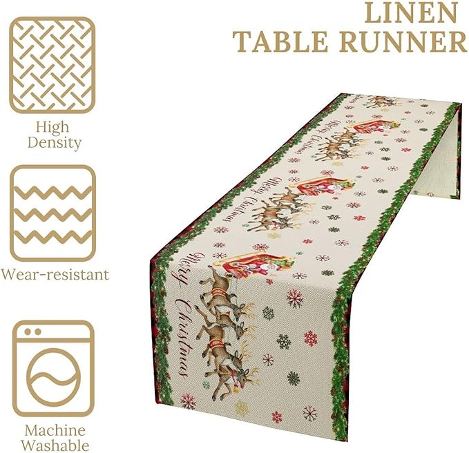 Christmas Table Runner,Xmas Deer Cute Santa Claus Red Plaid Pattern Printed Tablecloth Burlap for Hotel Indoors Outdoor Dining Room Kitchen Home Decor,W13X L80 in