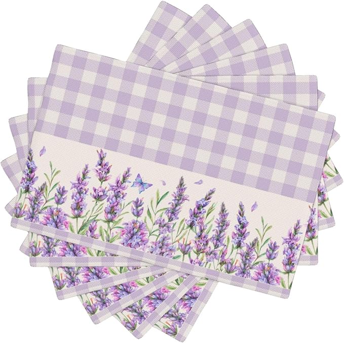 Flowers Leaves Spring Placemats Set of 4,Purple Plaid Background Flower Seasonal Table Mats for Party Kitchen Dining Decoration 6 PCS