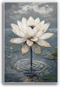 Stunning white lotus emerges from prismatic water with delicate petals background Serene aquatic wall art suitable for modern minimalist decor 24x36in Frameless