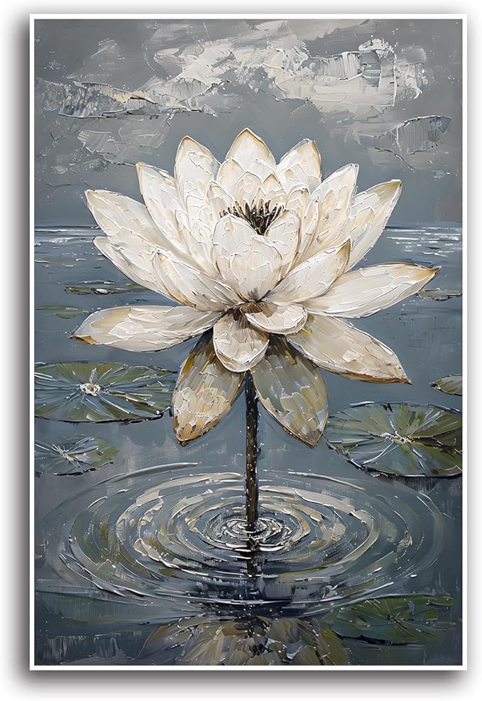 Stunning white lotus emerges from prismatic water with delicate petals background Serene aquatic wall art suitable for modern minimalist decor 24x36in Frameless