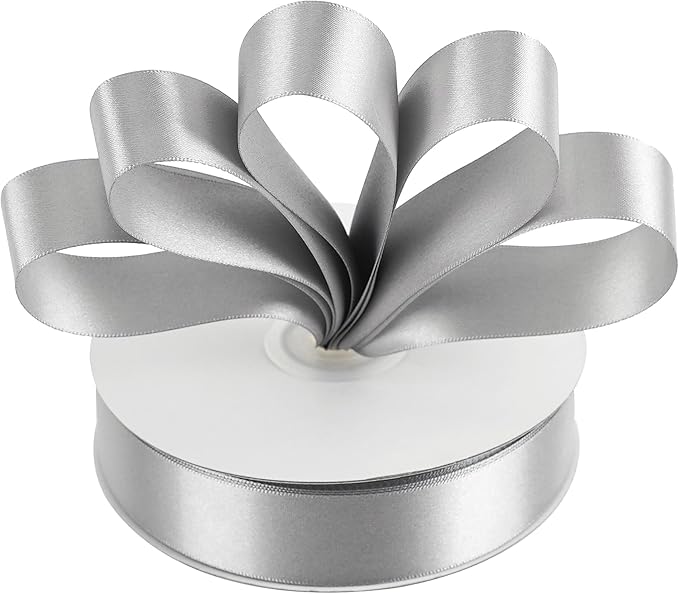 MEEDEE Silver Ribbon 1 Inch Silver Satin Ribbon Lux Double Faced Satin Ribbons by 50 Yards Polyester Wrapping Ribbons for Crafts, Weddings, Flower Bouquet, Holiday Decorating