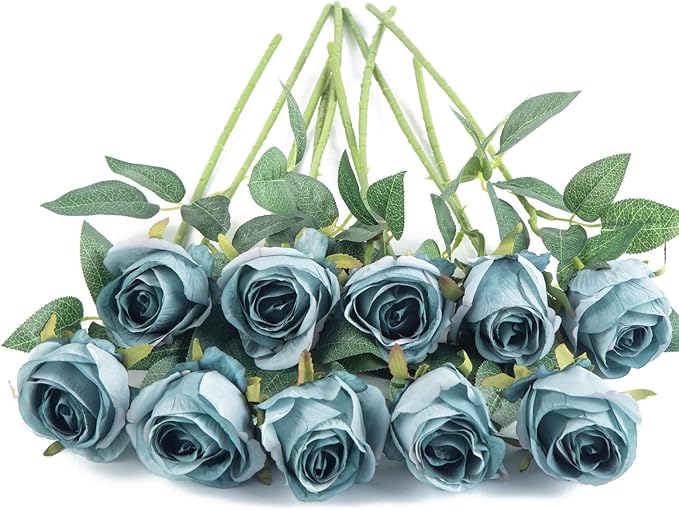 Flojery 10pcs Artificial Rose Flowers Long Stem Fake Silk Roses for DIY Wedding Bouquet Table Centerpiece Home Decor (Blue)
