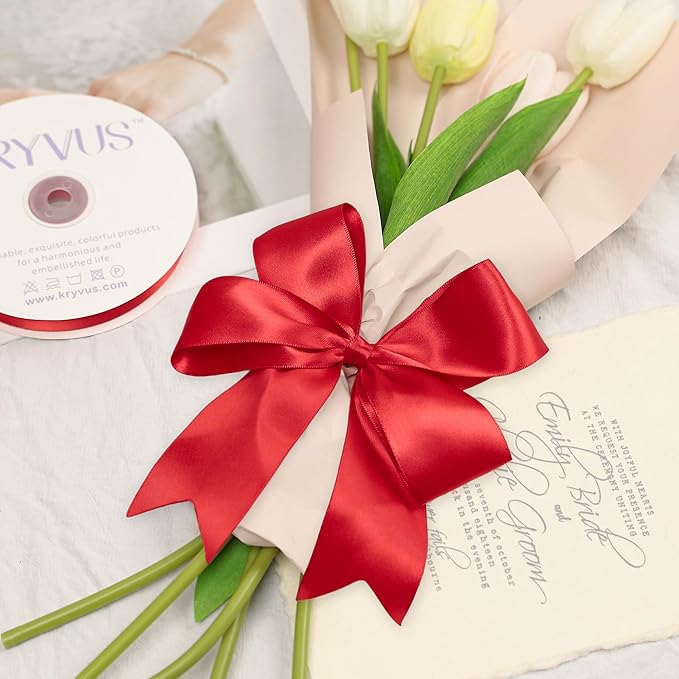 Red Satin Ribbon, Double Faced 2 Inch X 25 Yards Red Ribbon, Premium Satin Ribbon for Gift Wrapping, Crafts, Hair Bow Making, Sewing, Flower Bouquet, Wedding Party Decor