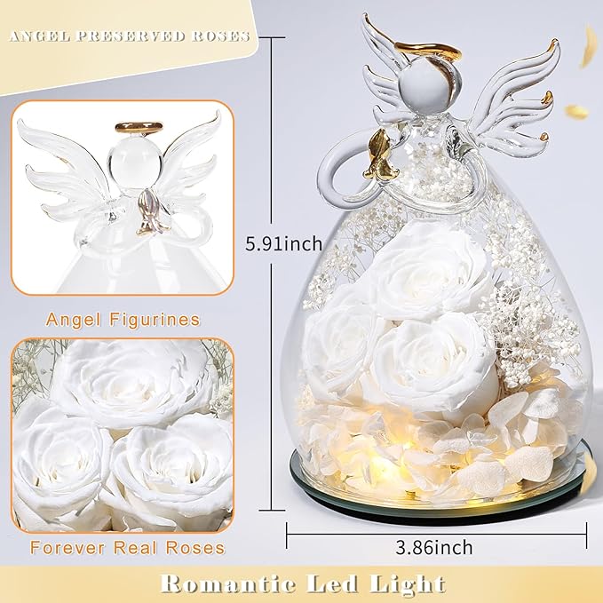 Beferr Christmas Birthday Gifts for Women, Mom Gifts for Christmas Fresh Flowers for Delivery Prime Forever Preserved Rose in Glass Angel Figurine Xmas Gifts for Grandma Wife Sister Her, White