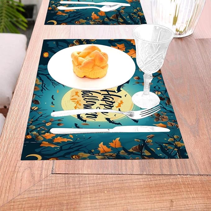 PVC Placemats Set of 1 Wipeable Table Mats Washable Heat Resistant Non Slip Vinyl Dining Table Mat for Kitchen Indoor Outdoor Patio Farmhouse Place Mats Halloween Bat Maple Decorative