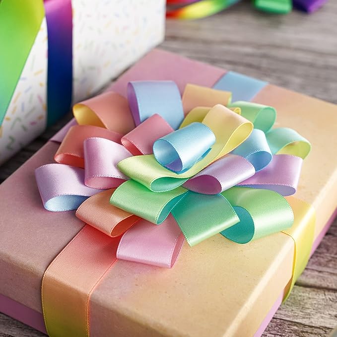 MEEDEE Pastel Ribbon Pastel Rainbow Ribbon 1 inch Rainbow Craft Ribbons Gift Satin Ribbons for Gift Wrapping Wedding Pride Party Birthday Party Decoration Making Hair Bows - 25 Yards