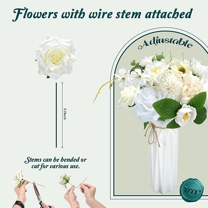 Artificial Flowers Combo Box, Fake Silk Foam Flower Mix with Wire Stem, DIY Wedding Bridal Bouquet Shower Party Home Décor (30-40 Pieces) (White)