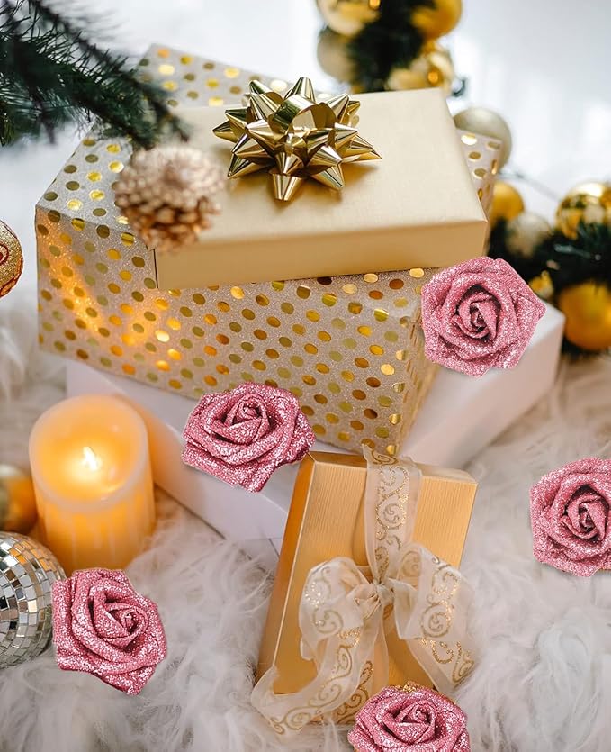 IPOPU Glitter Rose Bouquet,25PCS Sparkle Fake Roses Artificial Flowers Artificial Roses with Stems for Cake Wedding Bouquet Home Party Decoration(Salmon)