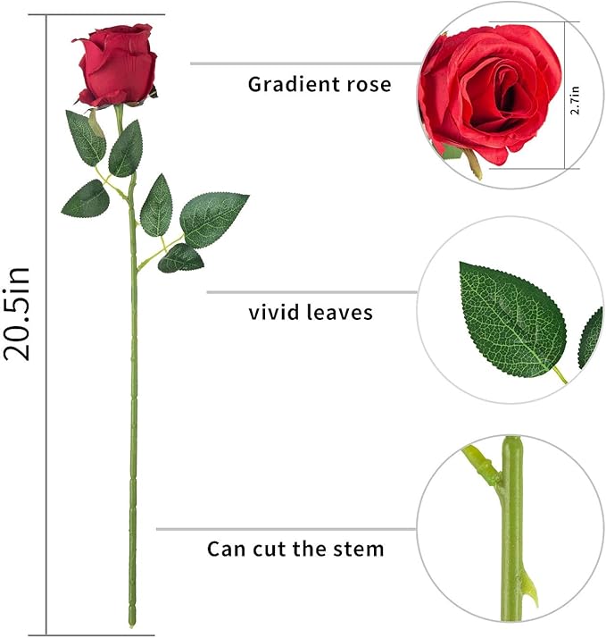 Flojery 10pcs Artificial Rose Flowers Long Stem Fake Silk Roses for DIY Wedding Bouquet Table Centerpiece Home Decor,Red