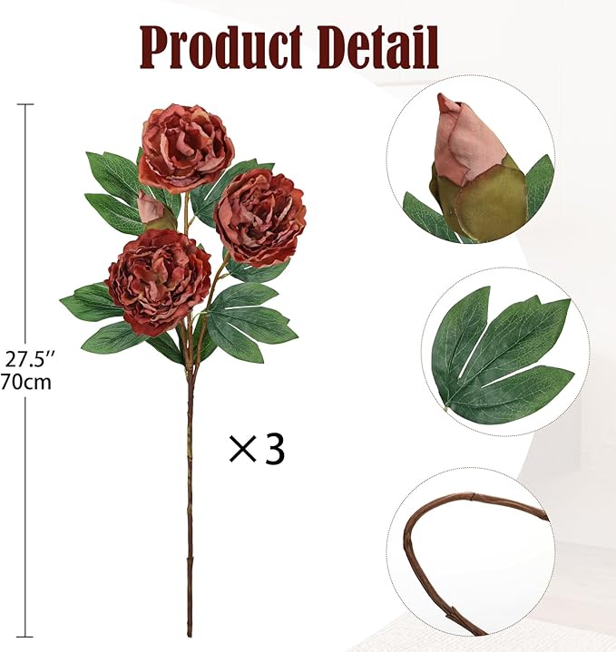 Briful 3 Pack Artificial Peony Flower 27.5" Tall Brick Red Silk Peonies Floral Stems Real Touch Faux Peony Flower for Wedding Bouquets Home Floral Arrangements Table Centerpieces DIY Décor