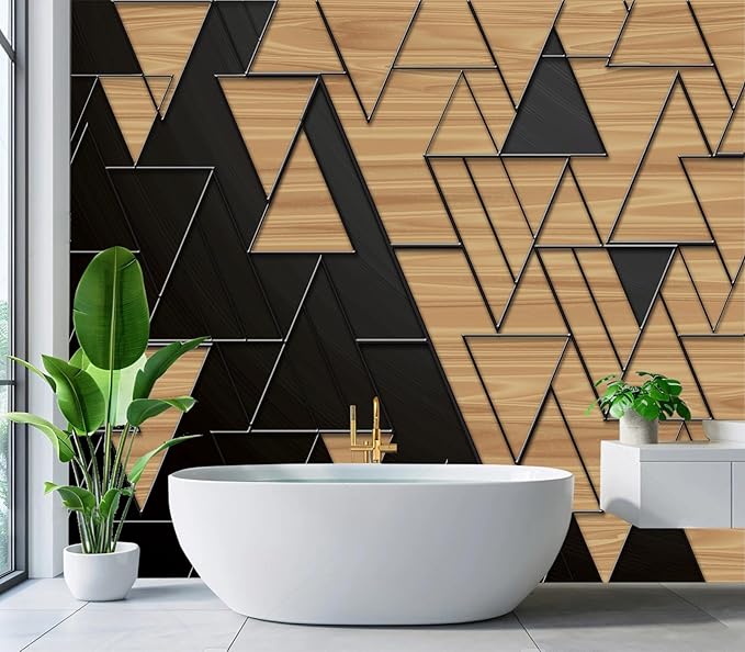 Cliouar-Geometric Illustration Dark Gray and Gold Triangles with Embossed Lines Peel and Stick 137" x 102"