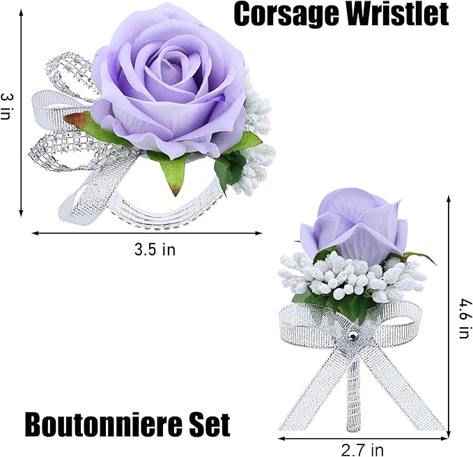 2Pcs Light Purple Rose Corsage and Boutonniere Set, Artificial Wrist Corsage Wristlet Bracelets, Men Boutonniere for Wedding Anniversary Party Homecoming Flowers Accessories Prom Decor