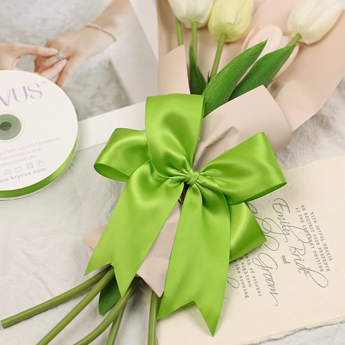 Apple Green Satin Ribbon, Double Faced 2 Inch X 50 Yards Apple Green Ribbon, Premium Satin Ribbon for Gift Wrapping, Crafts, Hair Bow Making, Sewing, Flower Bouquet, Wedding Party Decor