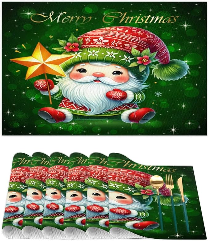 Xmas Christmas Green Santa Claus Placemats Set of 4 PVC Vinyl Non Slip Table Mats Heat Resistant Place Mats Washable Wipeable Dining Table Mat for Kitchen Decor Party Indoor Outdoor Decorative Gift