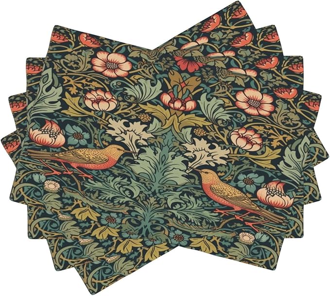 William Morris Placemats, Vintage Rustic Abstract Green Plants Flowers Nature Birds Print Washable Fabric Placemats Table Kitchen Dining Party 12x18 Inch Set of 6