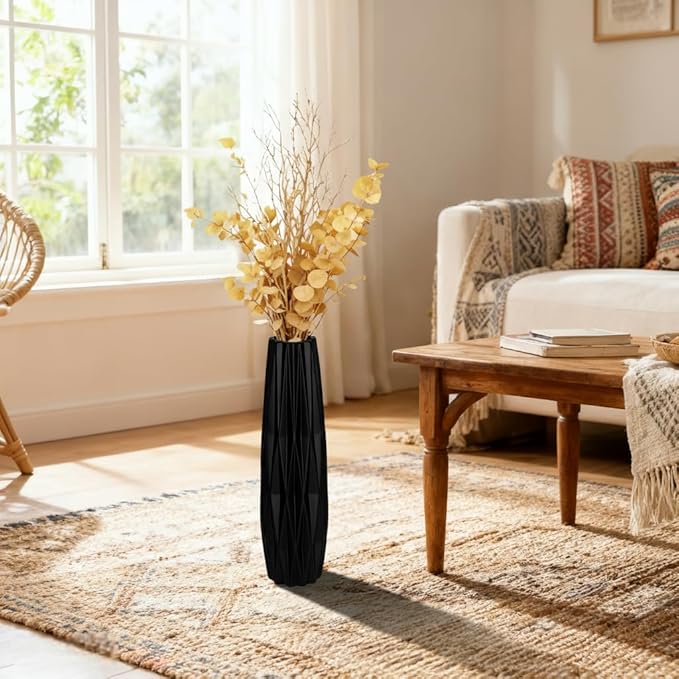 Tall Black Floor Vase – 15.7" Twisted Geometric Ceramic Vase for Modern Home, Living Room, Table Centerpiece or Corner Decoration