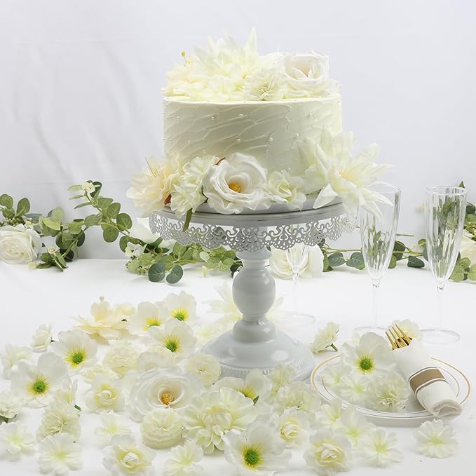 56 PCS Artificial Flower Heads White Bulk Fake Rose Peony Hydrangea Faux Flowers Small for Crafts Wedding Hair Cap Dresses Cake Baby Shower Decorations