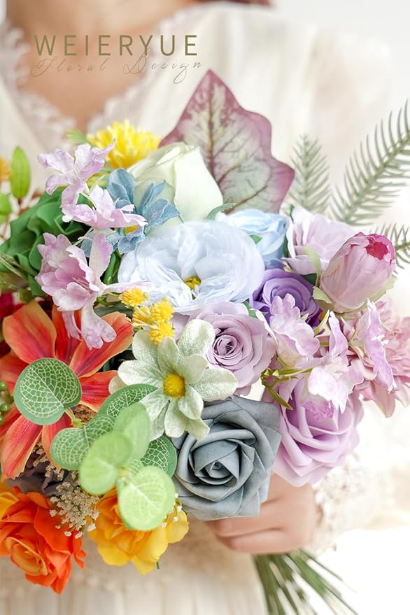 Artificial Flower Box Set Silk Fake Flowers DIY Center Cake Decoration Wedding Bouquet Corsage Home Decor Outdoor Decor Gift (Big Rainbow Flower)
