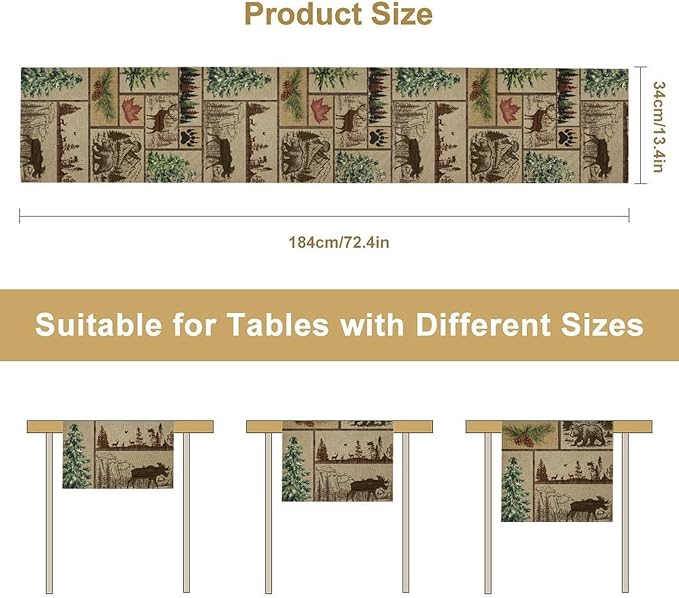 Rustic Cabin Table Runner, Farmhouse Deer Bear Retro Pine Forest Wooden Plank Wild Animal Seasonal Coffee Table Center Decor for Home Kitchen Dining Patio Holiday Party Table Decorations 13x72 inches